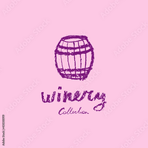 Winery logo template. Vector crayon illustration. Wine-shop icon. Chalkboard texture. Wine list of restaurant. Drawn icon wine barrel for emblem vineyard, biodynamic wines, grape festival, bar sign.