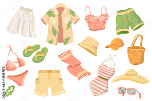 Summer clothing cute stickers isolated set. Collection of skirt, shirt, short, swimsuit, towel, slippers, sunglasses, accessory. Sea resort vacation clothes. Vector illustration in flat cartoon design