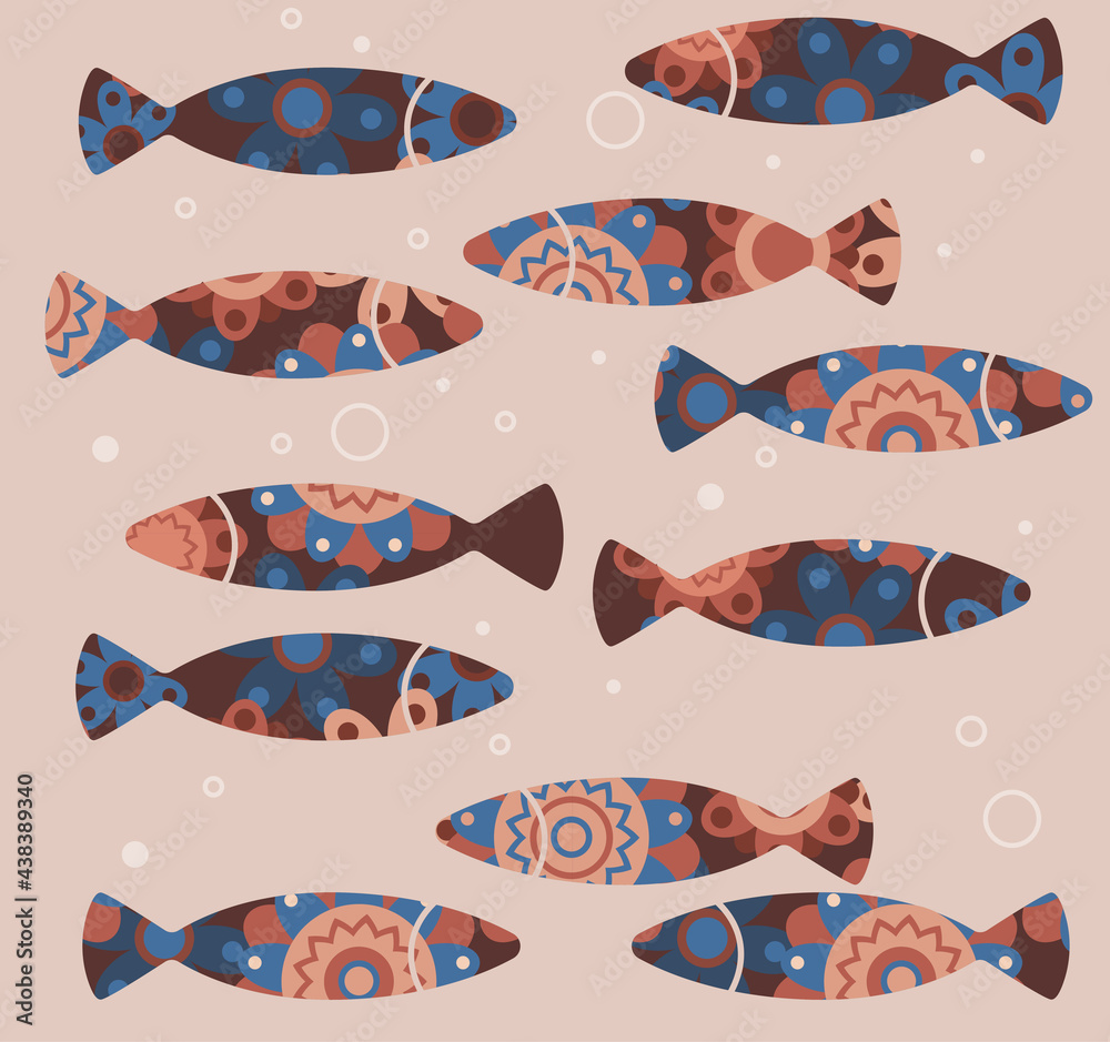 vector seamless pattern silhouettes of fish with ethnic pattern in blue and orange colours vector seamless pattern silhouettes of fish with ethnic pattern in blue and orange colours