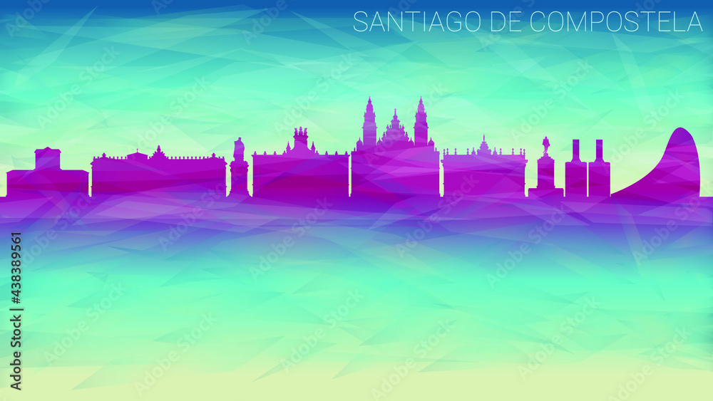 Santiago de Compostela Spain Skyline City Silhouette. Broken Glass Abstract Geometric Dynamic Textured. Banner Background. Colorful Shape Composition.
