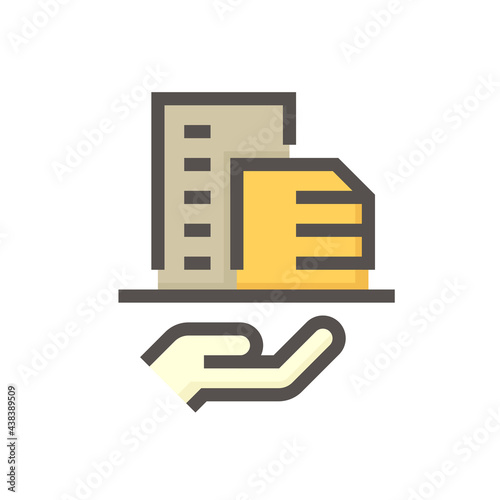 Housing estate or condominium and agent or realtor vector icon. That high building and people specialize in real estate, property, law to development, owned, sale, rent, buy, investment. 48x48 pixel.