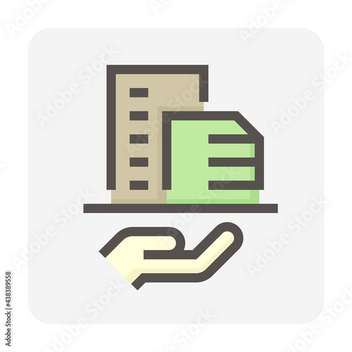 Housing estate or condominium and agent or realtor vector icon. That high building and people specialize in real estate, property, law to development, owned, sale, rent, buy, investment. 48x48 pixel.