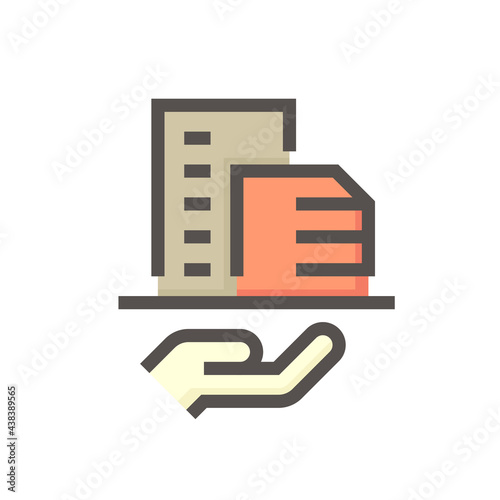 Housing estate or condominium and agent or realtor vector icon. That high building and people specialize in real estate, property, law to development, owned, sale, rent, buy, investment. 48x48 pixel.