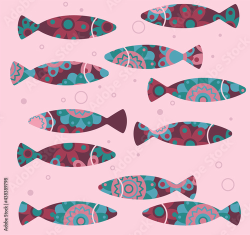 vector seamless pattern of fish silhouettes with stylized ethnic floral pattern pink and green colors, main colours pink