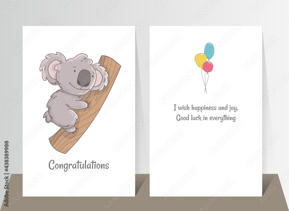 Cute koala holding tree. Hand drawn doodle poster template with airballs. Cute cartoon bear character Cute koala holding tree. Hand drawn doodle poster template with airballs. Cute cartoon bear character