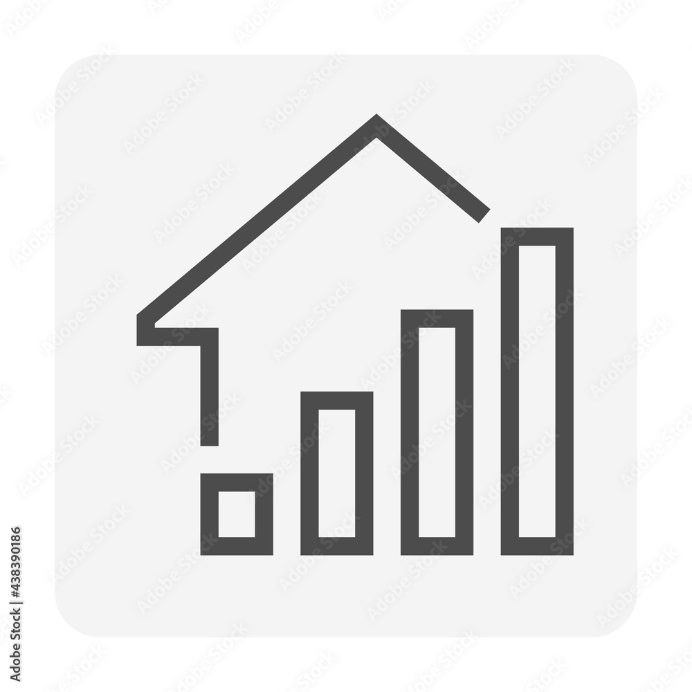 House price or value increase vector icon. Consist of home or house building, growth graph. Rate of real estate or property for development, owned, sale, rent, buy, purchase or investment. 48x48 px. House price or value increase vector icon. Consist of home or house building, growth graph. Rate of real estate or property for development, owned, sale, rent, buy, purchase or investment. 48x48 px.