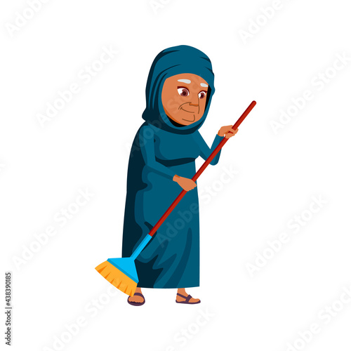 aged islamic woman sweeping backyard floor with broom cartoon vector. aged islamic woman sweeping backyard floor with broom character. isolated flat cartoon illustration