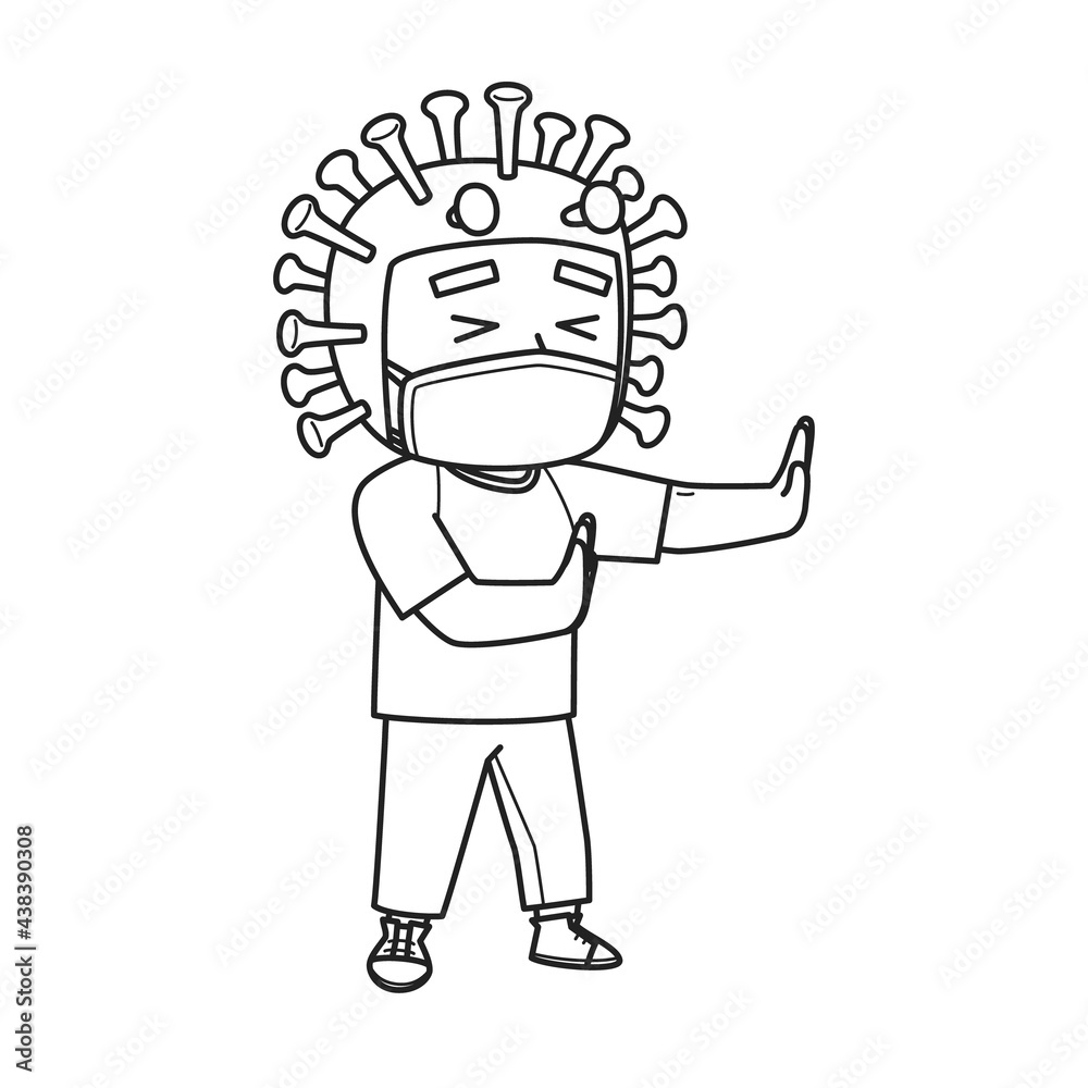 Boy Character in the Coronavirus Helmet Who Looks Defeated. Coloring Book Illustration. Vector Illustration. Boy Character in the Coronavirus Helmet Who Looks Defeated. Coloring Book Illustration. Vector Illustration.
