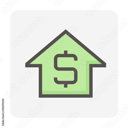 House price or value vector icon design. Consist of home or house building, dollars sign. That rate or price of real estate or property for development, sale, rent or investment. 48x48 pixel.