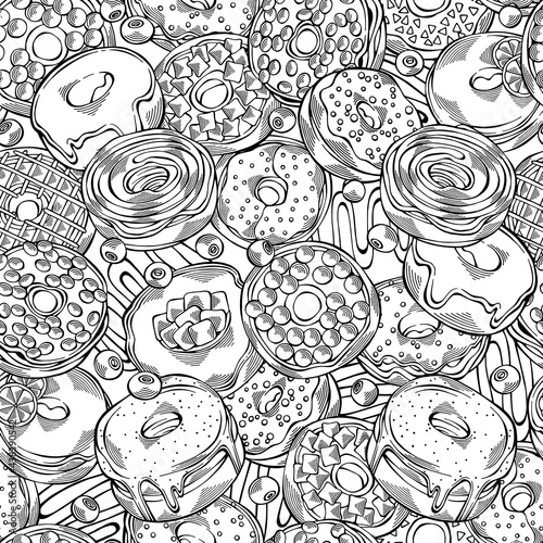 Cartoon hand-drawn donuts seamless pattern. Black and white design for menu, cafe decoration, textile, wallpaper, fabric and delivery box glazed cover. Glazed bakery setting vector background