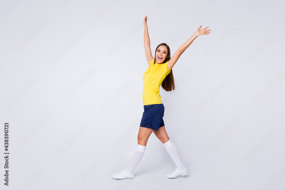 Fototapeta premium Full length body size view of her she nice beautiful pretty glad cheerful sportive straight-haired girl going rising hands up having fun best isolated over light white gray pastel color background