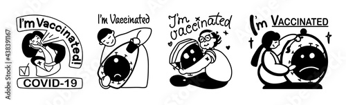 A set of illustrations of stickers, with text on the topic of vaccination from covid 19. I'm vaccinated.