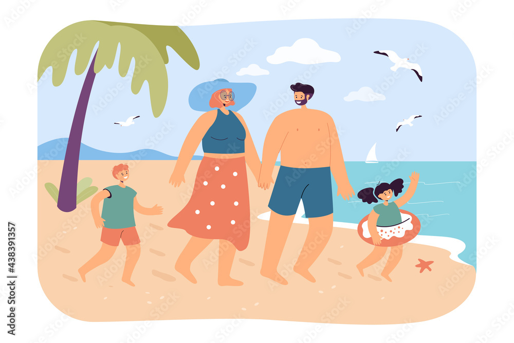 Happy family on beach. Mother, father, son and daughter going swimming in sea together flat vector illustration. Summer, vacation, holiday, family concept for banner, website design or landing web Happy family on beach. Mother, father, son and daughter going swimming in sea together flat vector illustration. Summer, vacation, holiday, family concept for banner, website design or landing web