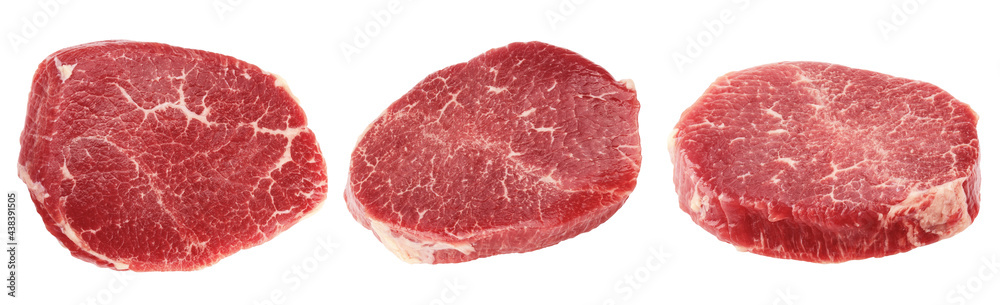 beef steak, raw meat, isolated on white background, clipping path, full depth of field