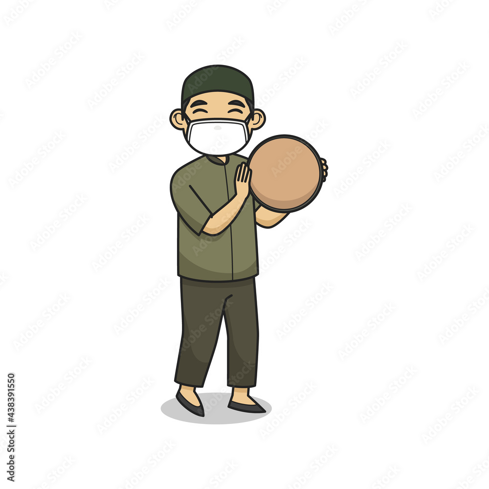 Ustad Character Play Tambourine and Wearing a Face Mask. Vector Illustration. Children Book Illustration.