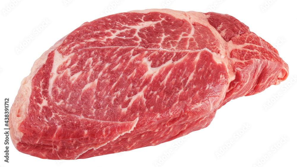beef steak, raw meat, isolated on white background, clipping path, full depth of field