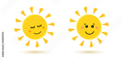 Cheerful sun with open and closed eyes. Sleeps and wakes up. Vector illustration