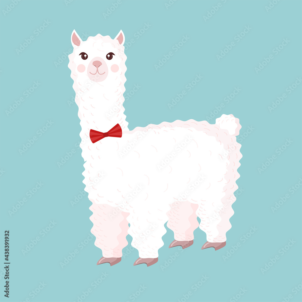 Fototapeta premium Cute llama or alpaca with a mans bow tie on a blue background. Vector illustration for baby texture, textile, fabric, poster, greeting card, decor.