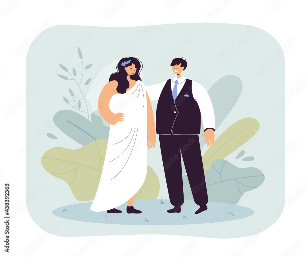 Man and woman at wedding vector illustration. Male character in suit and female in dress in Greek style together. Partying, going out concept for banner, website design, landing web page