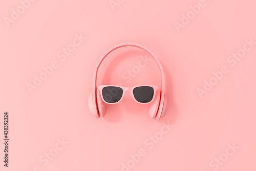 Mockup scene of headphone and sunglasses on coral pink background. Minimal conceptual idea, 3d rendering.