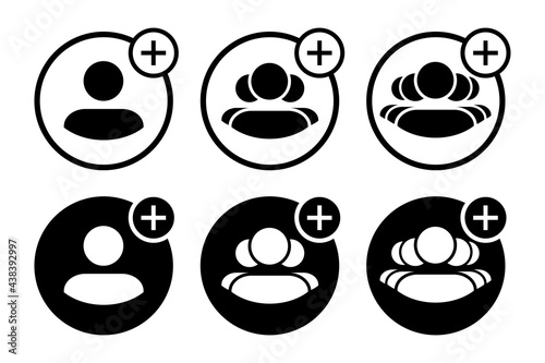 Set of user with plus sign. Add user icon. User group symbol. People icon. Black and white. 