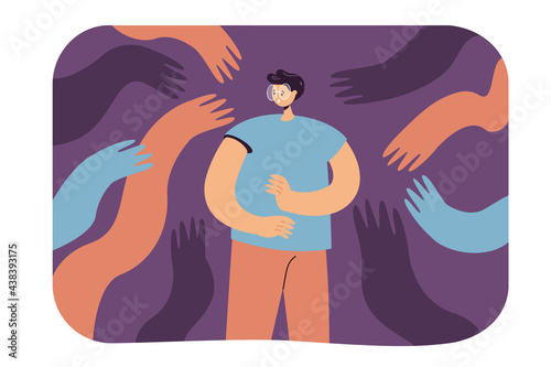 Hands reaching for scared man in glasses. Male character with no power feeling fear or pressure flat vector illustration. Influence, manipulation concept for banner, website design or landing web page