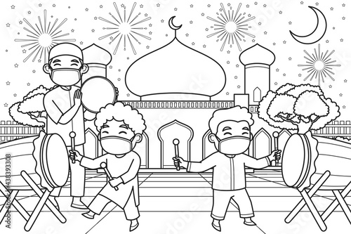 The Ustad and Children Playing Drum and Tambourine in The Courtyard of The Mosque Wearing Face Masks. Vector Illustration. Coloring Book Illustration. photo