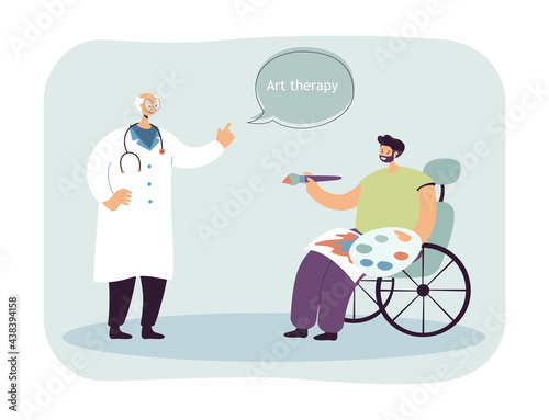 Disabled man drawing vector illustration. Male character in wheelchair with paints and brush. Doctor explaining, helping. Art therapy concept for banner, website design, landing web page © SurfupVector