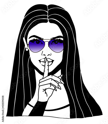 The girl shows Quiet, secret, mystery. Young woman in sunglasses. Index finger to lips. Gesture concept - Don't speak, be silent. Shhh! Stock vector illustration isolated on white background.