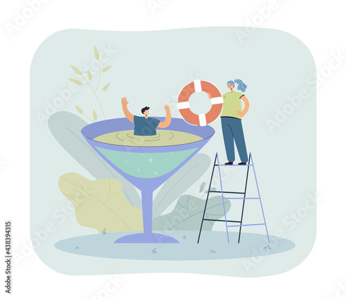 Man drowning in alcohol cocktail. Male character trying to swim from wine glass, female helping him, offering lifebuoy. Alcohol problems concept for banner, website design or landing page