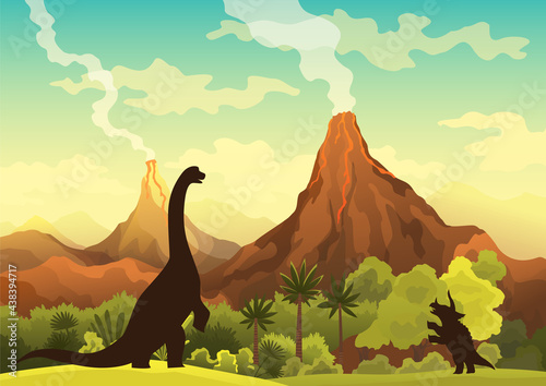 Konstfotografi Prehistoric landscape - volcano with smoke, mountains, dinosaurs and green vegetation