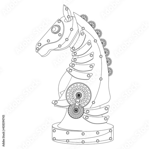Steampunk chess Piece Horse Robot coloring book. Vector illustration on a white background.