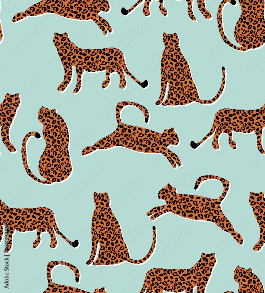Obraz premium Textured Naughty Leopards Pattern Trendy Fashion Colors Minimal Concept Seamless Design Abstract Cartoon Cats