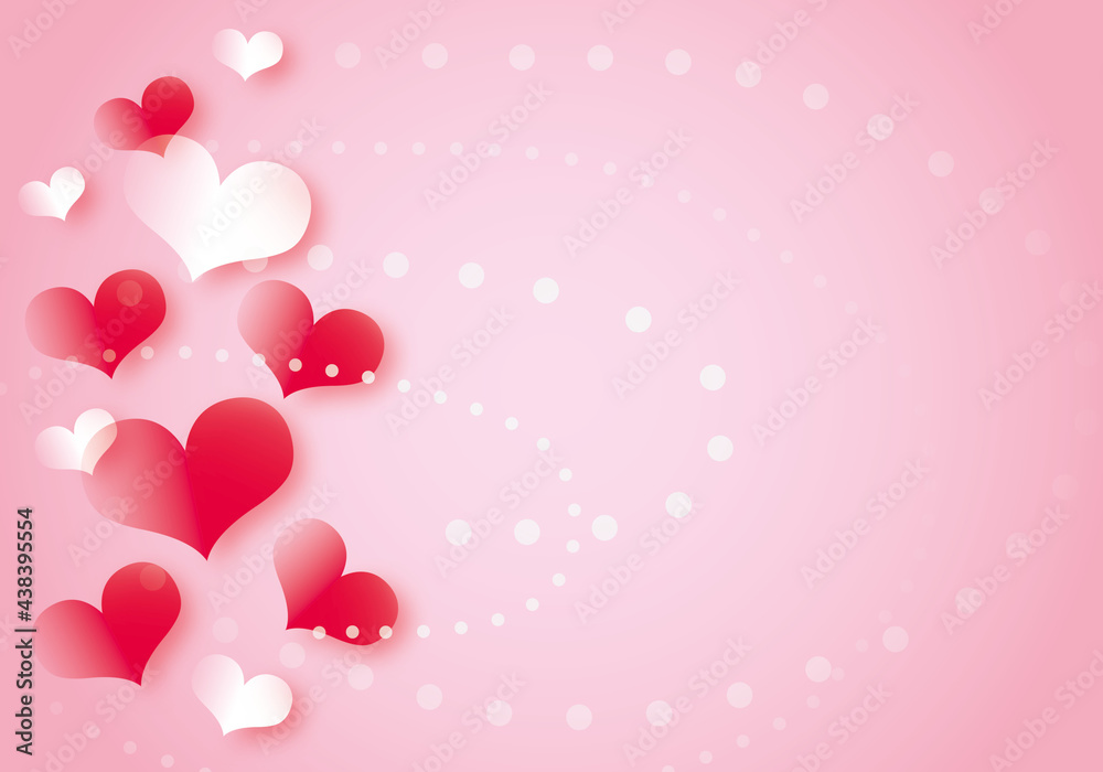 White hearts with red hearts and white bokeh on pink background, Valentine’s day, Birthday, Women’s day, Mother’s day, Father’s day, Wedding, poster, love concept, paper cut style.