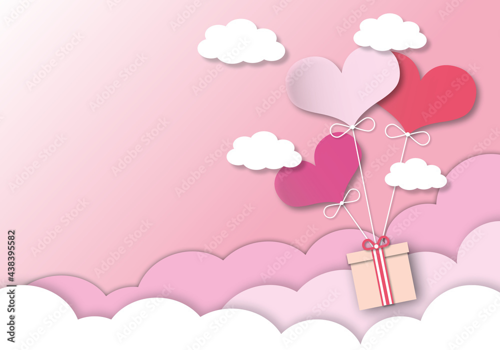 Gift with red, pink hearts and clouds on pink background, Valentine’s day, Birthday, Women’s day, Mother’s day, Father’s day, Wedding, poster, love concept, paper cut style.