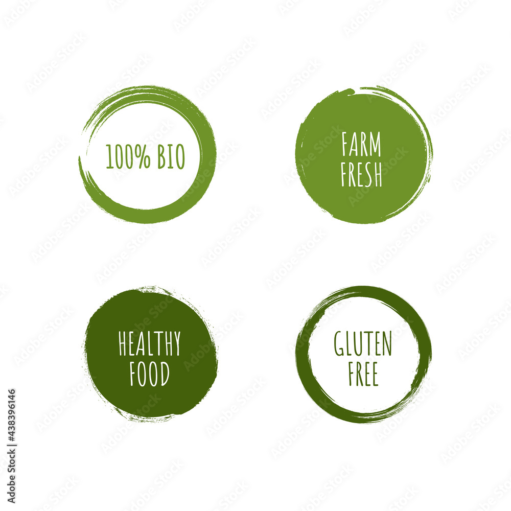Vector green organic labels, bio emblems collection for menu or natural products packaging. Fresh vegan raw food eco friendly premium quality locally grown healthy food stickers on white. Vector green organic labels, bio emblems collection for menu or natural products packaging. Fresh vegan raw food eco friendly premium quality locally grown healthy food stickers on white.