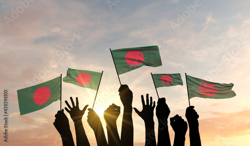 Silhouette of arms raised waving a Bangladesh flag with pride. 3D Rendering