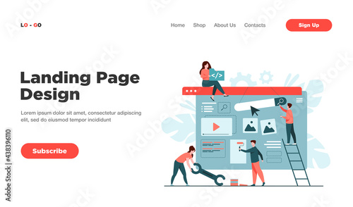 Digital marketing team constructing landing or home page. Tiny people painting units on webpage. Vector illustration for website designers, content managers, internet promotion concept