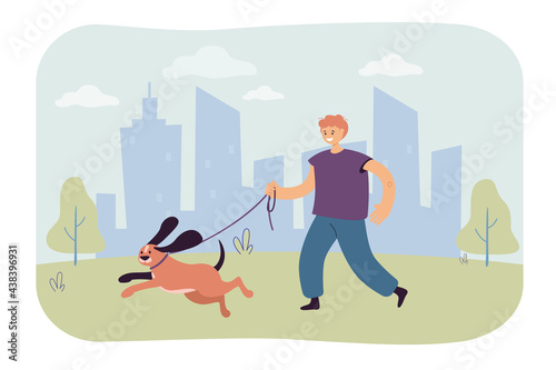 Man walking with dog vector illustration. Young smiling male character walking puppy in park. Vector illustration for service of pet sitter, walker, vet clinic, pet care, hospital, dog shelter.