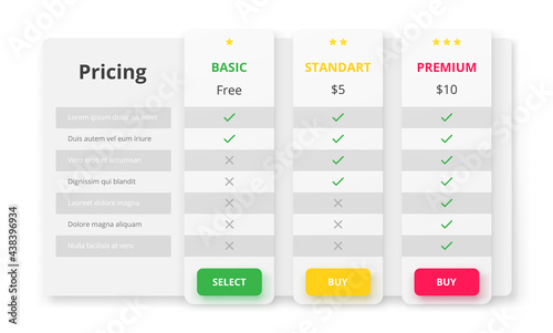 UX UI design pricing list template vector illustration. User interface panel with price scale