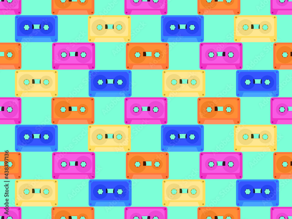 Cassette tapes seamless pattern. Music cassettes for music tape recorders of the 70s - 90s. Design for promotional items, banners and wrapping paper. Vector illustration Cassette tapes seamless pattern. Music cassettes for music tape recorders of the 70s - 90s. Design for promotional items, banners and wrapping paper. Vector illustration