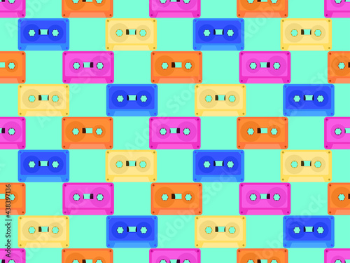 Cassette tapes seamless pattern. Music cassettes for music tape recorders of the 70s - 90s. Design for promotional items, banners and wrapping paper. Vector illustration