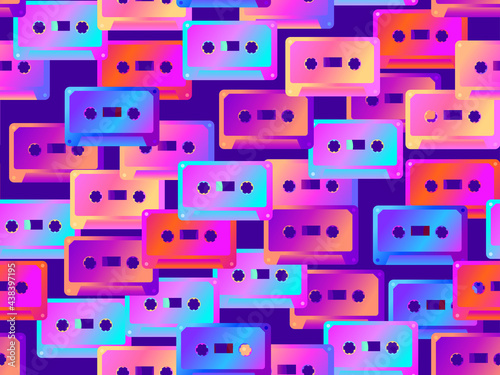 Cassette tapes seamless pattern. Gradient music cassettes for music tape recorders of the 70s - 90s. Design for promotional items, banners and wrapping paper. Vector illustration