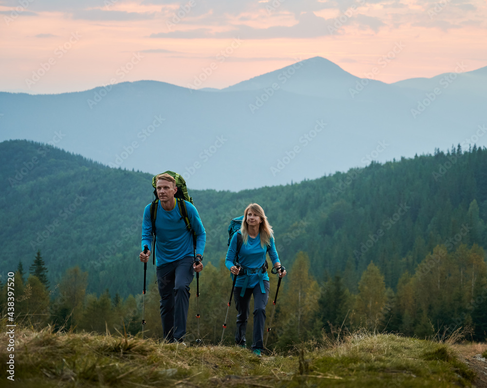 Two persistent professional hikers with trekking poles and backpacks moving on mountain hills against a background of green forest, mountain beskids and purple sky looking ahead.