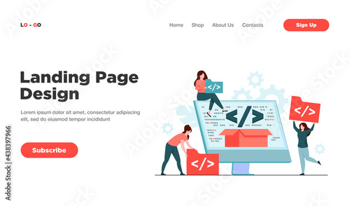 Tiny developers programming website for internet platform flat vector illustration. Cartoon programmers near screen with open code or script. Software development and digital technology concept
