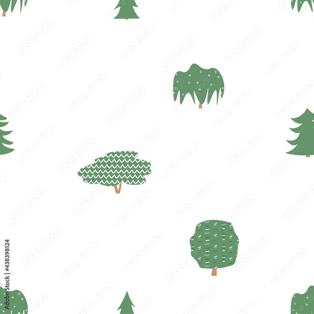 Green trees seamless pattern. Vector larch, willow, alder, maple, oak illustration on white background