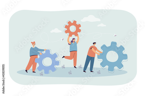 Team of people with gears doing repairs or upgrade. Service organization, business technology flat vector illustration. Teamwork, cooperation concept for banner, website design or landing web page