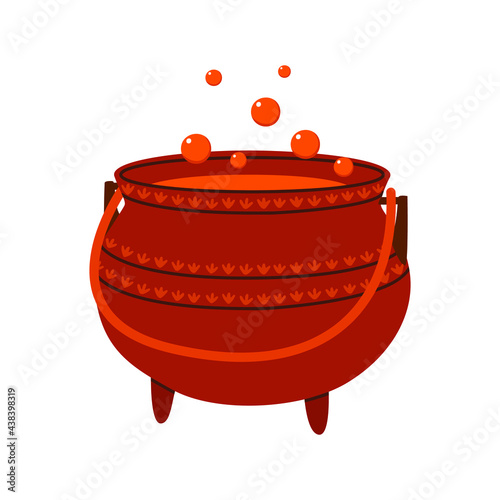 Flat vector cartoon illustration of a boiling witch's cauldron with potion and bubbles, isolated on a white background.