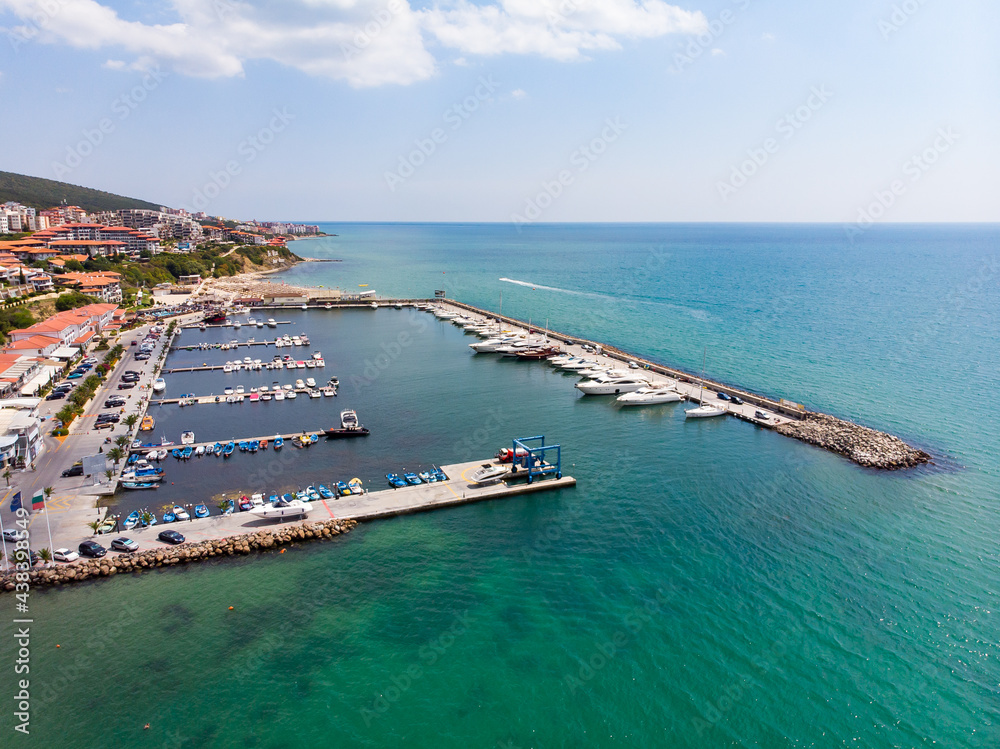 Panoramic view of the sea port of Sveti Vlas in Bulgaria. Summer holiday in Europe. Aerial photography, drone view.