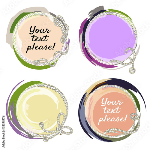 Round sublimation design.A set of cliparts of painting and yarn. Ropes and knotted threads. With a recording space in the center. Pastel colors. For pillows, mugs, and T shirts.Postcard Template.